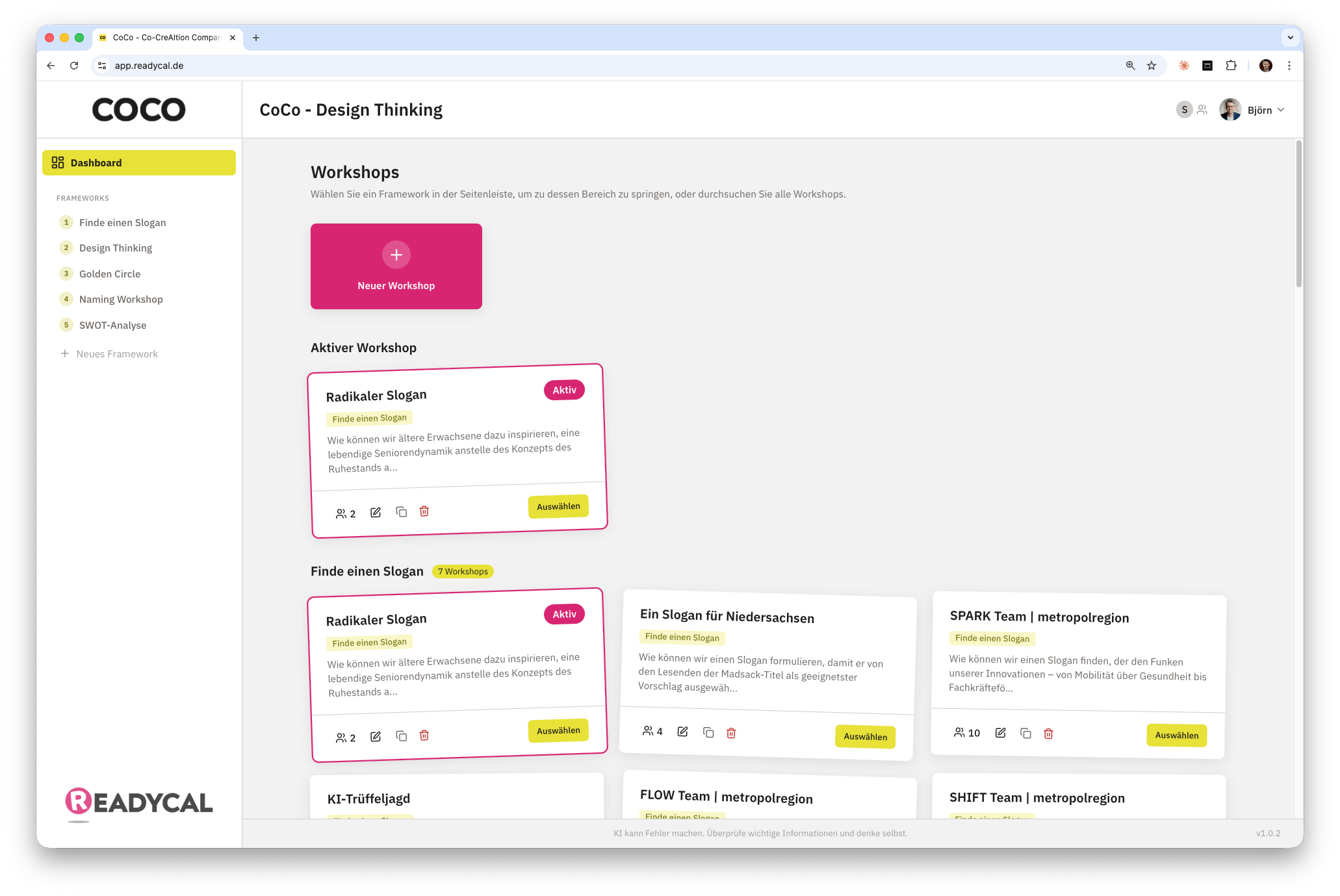 READYCAL Dashboard – COCO Anwendung mit Design Thinking Workflow